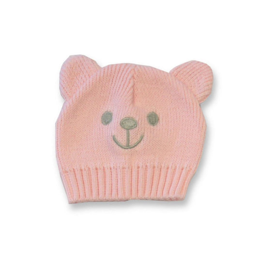 Tiny Baby Girls Knitted Hat - Teddy Bear, Pure Cotton, Pink