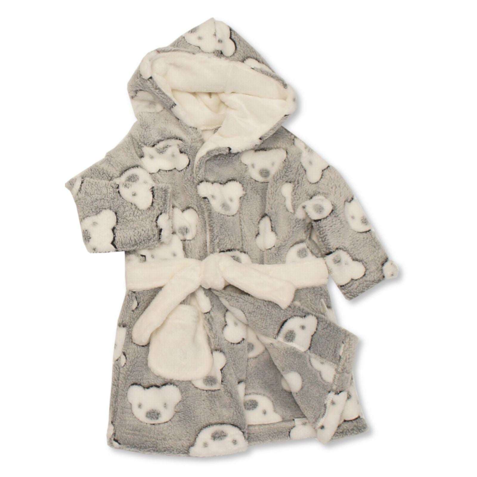 Baby Dressing Gown, Boys Girls Teddy Bear Pattern, Fleece Grey
