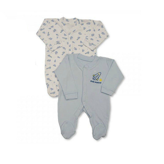 Baby Boys Sleepsuits, Long Sleeve - 100% Cotton, Blue Rocket