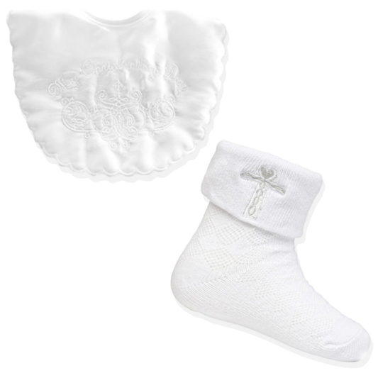 Baby Christening Bib and Socks Set - 0 to 12 Months