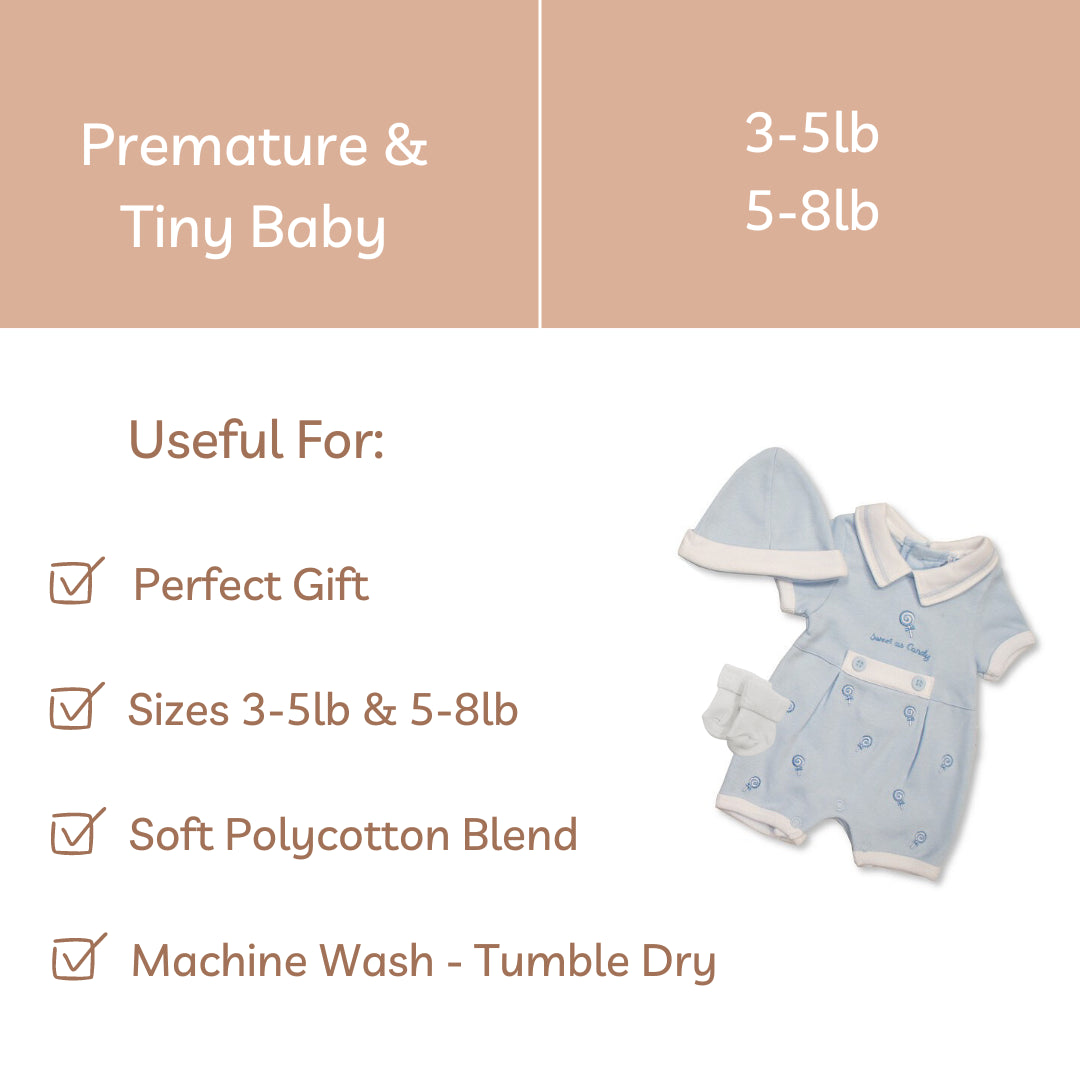 Premature Baby Short Romper, Hat & Socks Set 3-5lb & 5-8lb