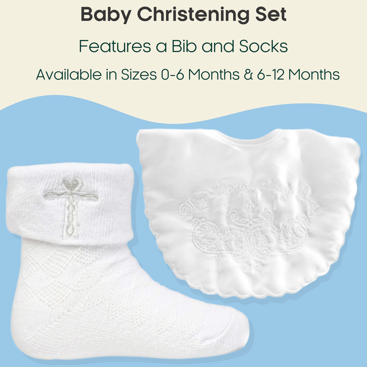 Baby Christening Bib and Socks Set - 0 to 12 Months