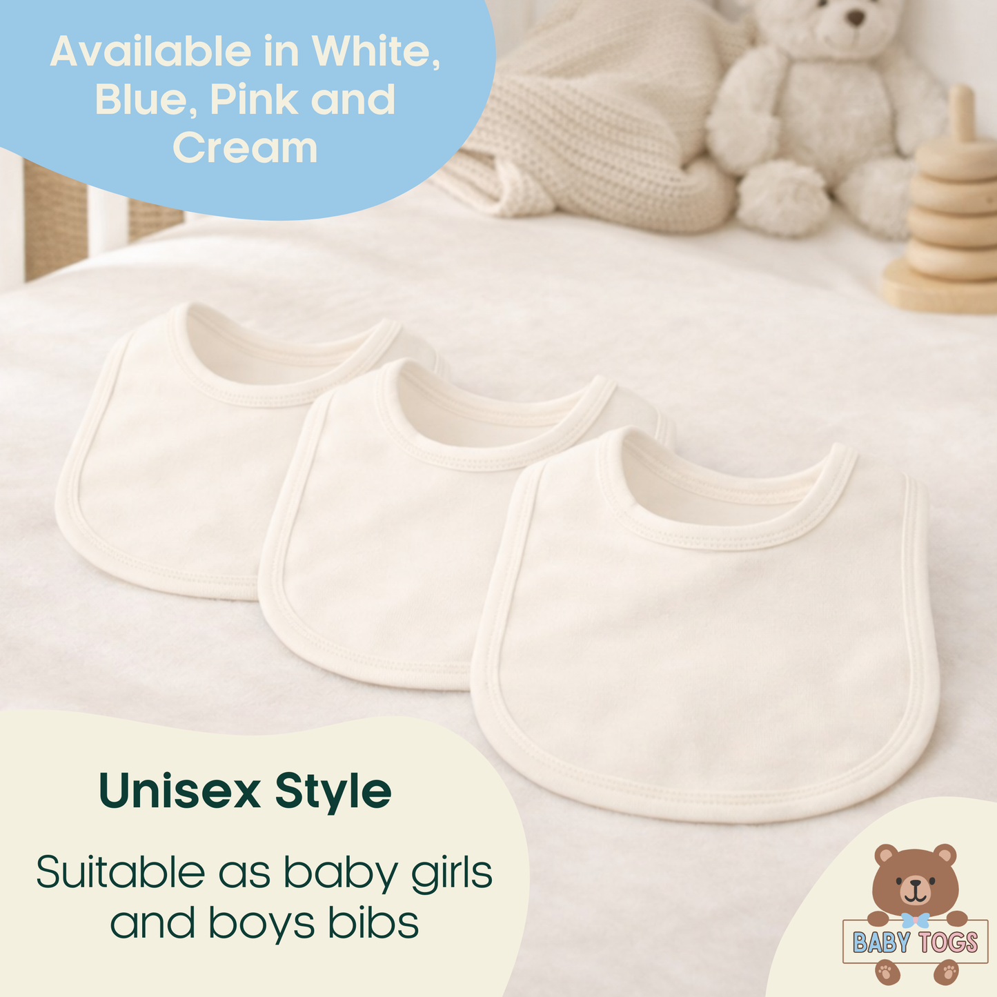 Plain Cotton Bibs - 3 Pack