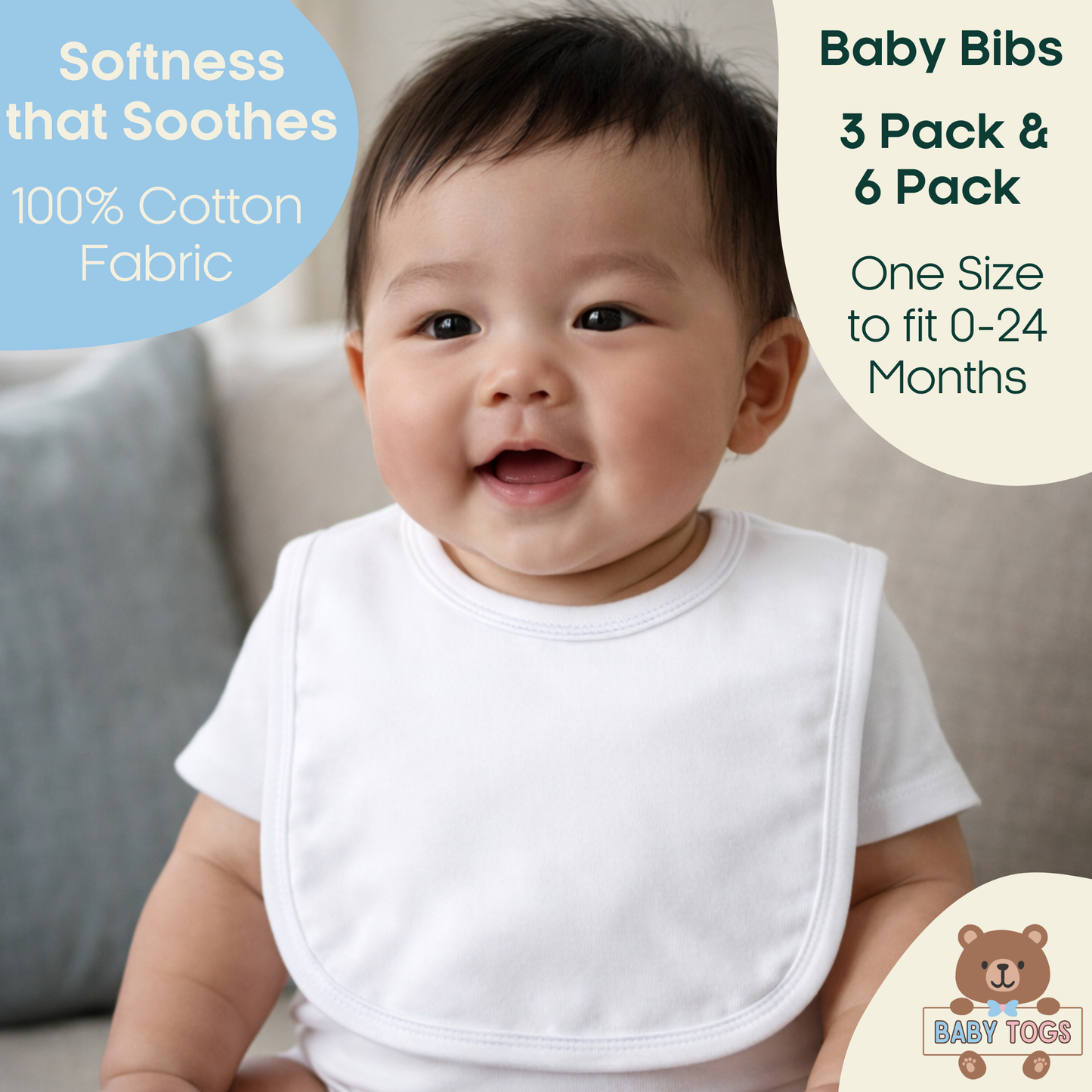 Plain Cotton Bibs - 6 Pack