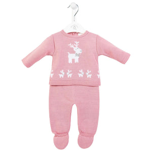 Baby Girls Knitted Outfit Set, Reindeer Theme - Pink, Dandelion