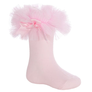 Baby Girls Socks, Bow and Tutu Frill, Poly Cotton, UK 0-5.5 - Pink