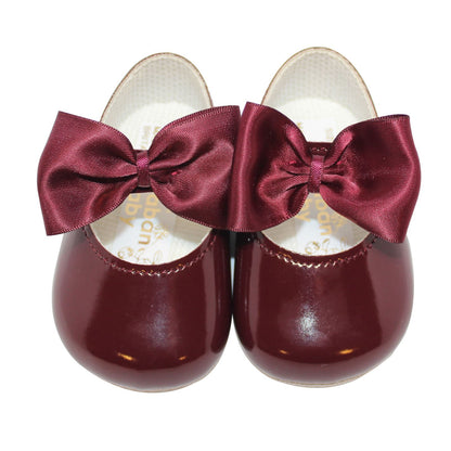 Baby Girls Bow Shoes - Soft Sole, Made in Britain, UK 0-3, Burgundy