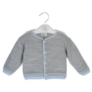 Baby Boys Knitted Cardigan - Piqued Edging, Newborn - Grey & Blue