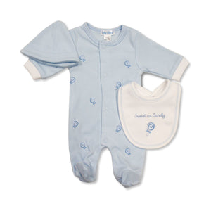 Tiny Baby Boys Outfit, Premature Gift Set, Sleepsuit, Hat & Bib - Blue