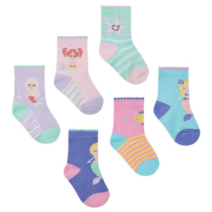 Baby Girls Socks, 6 Pack, Cotton Rich - Mermaid Design