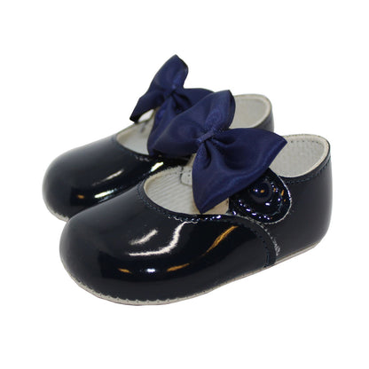 Baby Girls Bow Shoes - Soft Sole, Made in Britain, UK 0-3, Navy