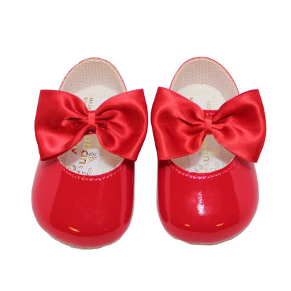 Baby Girls Bow Shoes - Soft Sole, Made in Britain, UK 0-3, Red