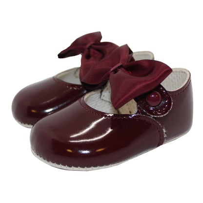 Baby Girls Bow Shoes - Soft Sole, Made in Britain, UK 0-3, Burgundy