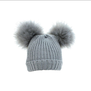 Baby Knitted Pom Pom Hat - Girls & Boys, Soft & Warm, Grey