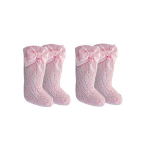 Baby Girls Knee High Socks - 2 Pack, Cotton Rich with Bow - Pink