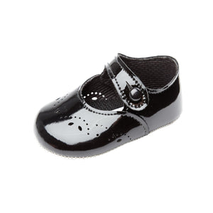 Baby Girls Punch Shoes, Leather - Made in Britain - Black Patent