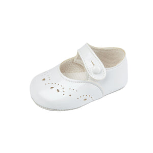 Baby Girls Punch Shoes, Leather - Made in Britain - White Patent