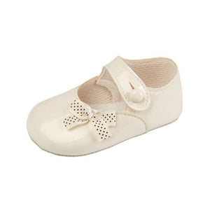 Baby Girls Polka Dot Bow Shoes, Leather - Made in Britain - Ivory Patent