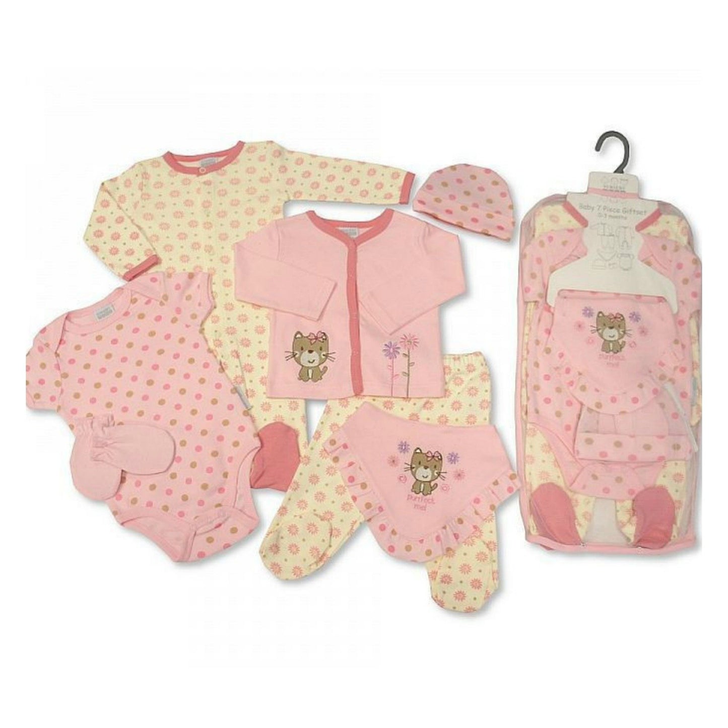Baby Girls Layette Gift Set - Pink, 100% Cotton Clothing, 7 Piece Set