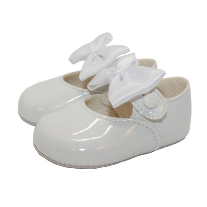 Baby Girls Bow Shoes - Soft Sole, Made in Britain, UK 0-3, White
