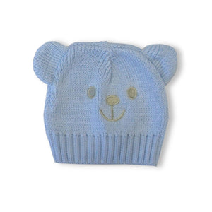 Tiny Baby Boys Knitted Hat - Teddy Bear, Pure Cotton, Blue