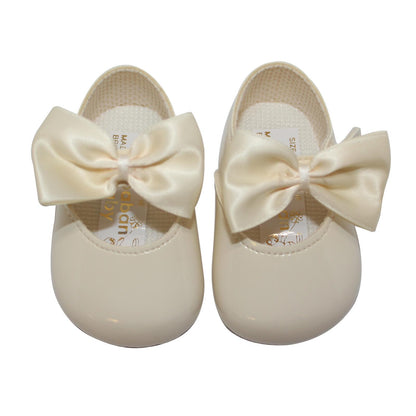 Baby Girls Bow Shoes - Soft Sole, Made in Britain, UK 0-3, Ivory