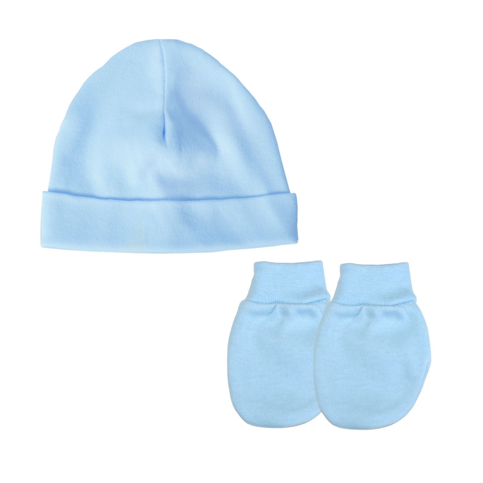 Baby Boys Hat And Scratch Mitts Set - Pure Cotton, Made in UK - Blue