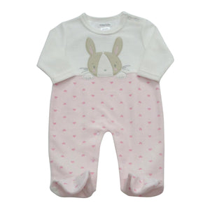 Baby Girls Velour Romper - Cotton Rich All-in-One, Pink Bunny