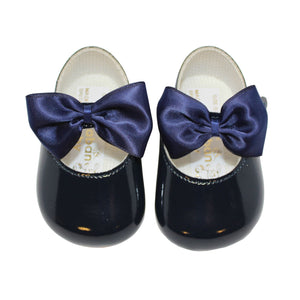 Baby Girls Bow Shoes - Soft Sole, Made in Britain, UK 0-3, Navy