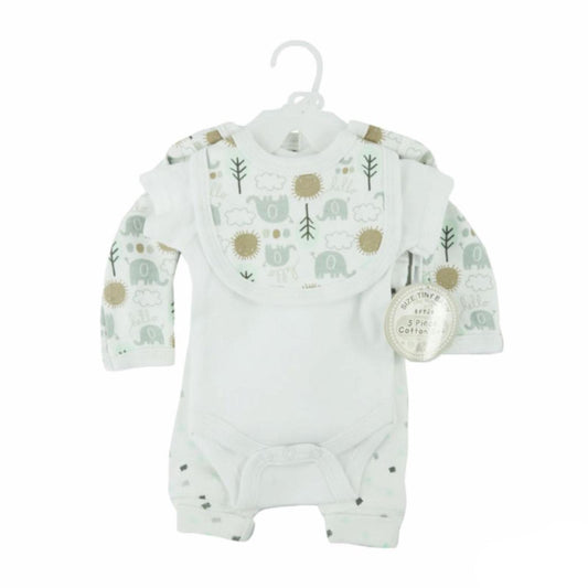 Tiny Baby 5 Piece Layette Set - White/Grey Elephant 5-8 lb