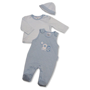 Baby Boys Outfit Set, Dungarees, Top & Hat, Bear & Penguin - Blue