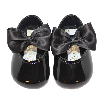 Baby Girls Bow Shoes - Soft Sole, Made in Britain, UK 0-3, Black