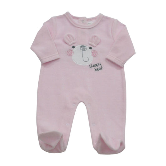Baby Girls Velour Romper - Cotton Rich All-in-One Sleep Suit, Pink