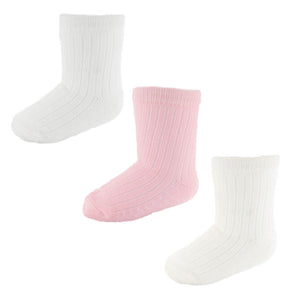 Baby Girls Socks, Ribbed, 3 Pack - Pink, White, Cream - Soft Touch