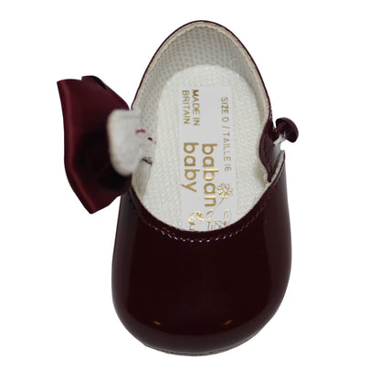 Baby Girls Bow Shoes - Soft Sole, Made in Britain, UK 0-3, Burgundy