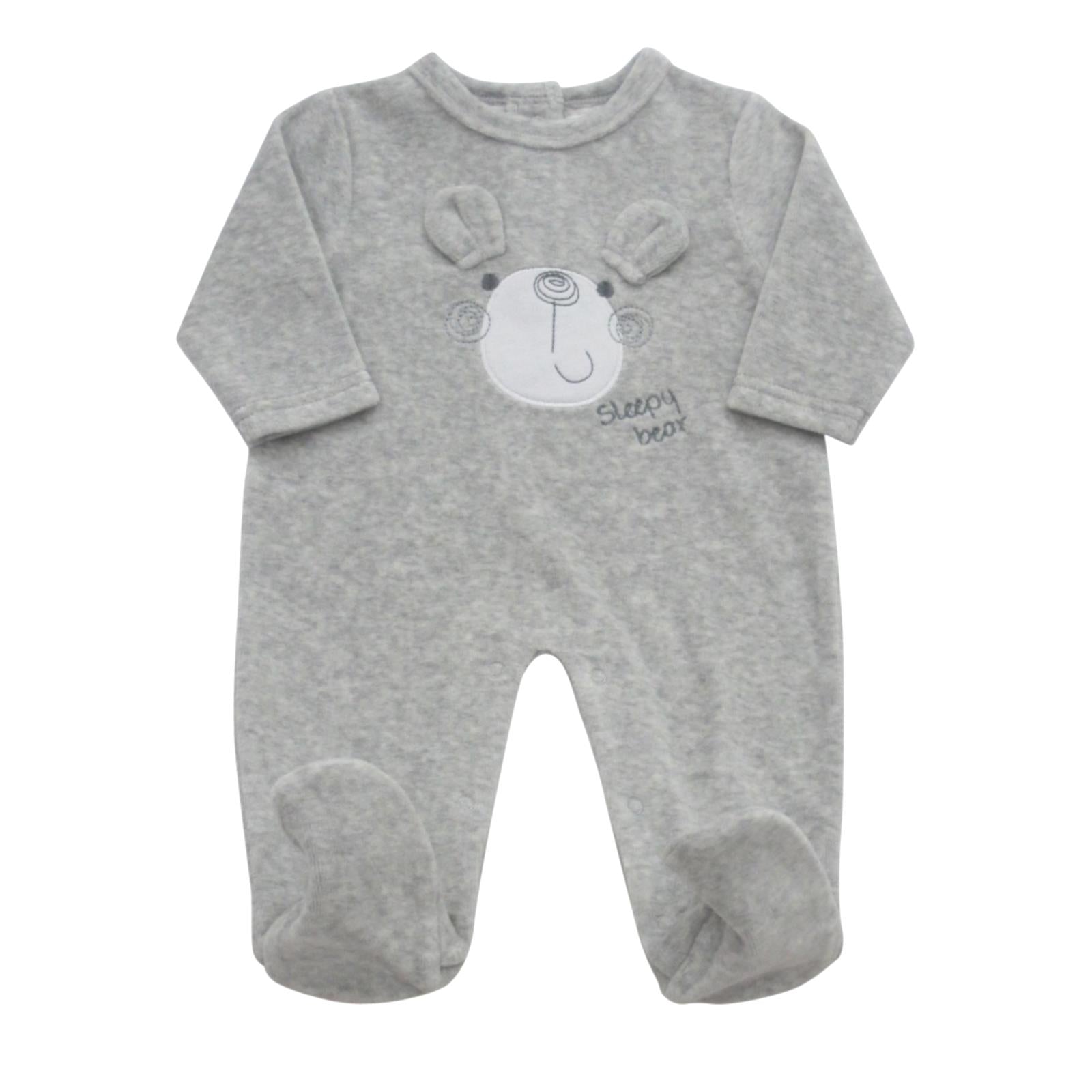 Baby Velour Romper - Cotton Rich All-in-One, Boys, Girls - Grey